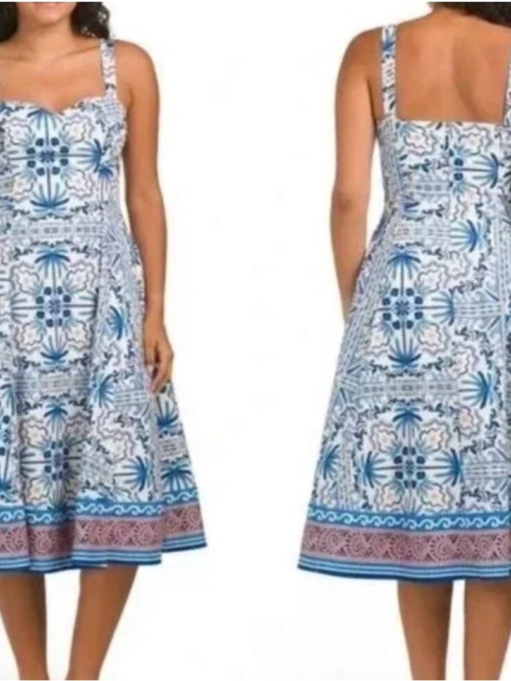Anthropology Avec Les Filles Blue/White Palm Tree dress,sweetheart neckline Sz 2